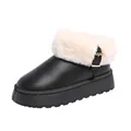 Women's black platform snow boots featuring cream faux-fur collar and gold buckle - Black