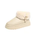 Beige platform snow boots for women featuring plush faux fur lining and gold buckle detail - White