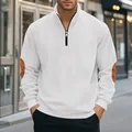 Detail view of white heavy corduroy quarter-zip sweatshirt with brown elbow patches - S / Tops / White