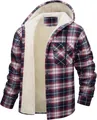 Detail view of men's plaid hooded jacket showing thick fleece lining for winter warmth - S / Tops / Wine Red Plaid