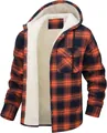 Detailed view showing the warm white fleece lining of a men's orange plaid hooded jacket - S / Tops / Orange Plaid