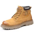 Professional men's tan leather work boots with durable rubber lug sole and side buckle - 38 / 7271 (7271) / Yellow (Single Lining)
