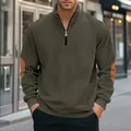 Detailed view of men's heavy corduroy half-zip sweatshirt featuring stylish elbow patches. - S / Tops / Army Green