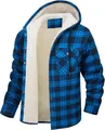 Detailed view of a blue plaid men's hooded jacket featuring a soft beige sherpa lining - S / Tops / Royal Blue Plaid