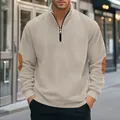 Detail view of men's heavyweight corduroy half-zip sweatshirt with elbow patches - S / Tops / Apricot