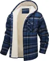 Detailed view of men's blue plaid hooded jacket featuring warm white fleece lining texture - S / Tops / Navy Plaid