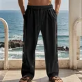 Vue détaillée du pantalon en lin noir pour homme avec cordon de serrage et boutons latéraux - Noir