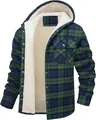 Detailansicht der Herren-Kapuzenjacke mit Karo-Muster und warmem Sherpa-Fleece-Futter. - Grünes Karo