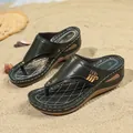Retro dark green wedge thong sandals for women with snakeskin texture and gold accents - 38 / Dark Green