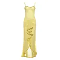 Elegant yellow mesh camisole maxi dress with ruffle detailing and slim fit silhouette - Yellow
