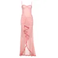 Elegante abito lungo rosa in rete con spalline sottili, volant e vestibilità slim - XS / Vestiti / Rosa