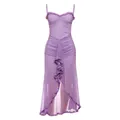 Elegante abito lungo in rete lavanda con spalline sottili e graziosi dettagli a volant - Taglia M / Vestiti / Viola