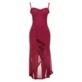 Burgundy mesh ruffled camisole dress with asymmetric hem and ruched bodycon fit - Burgundy