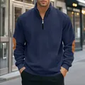 Premium navy blue corduroy half-zip sweatshirt featuring contrasting brown elbow patches - S / Tops / Navy Blue
