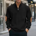 Sweat-shirt en velours côtelé noir pour hommes avec patchs marron aux coudes et demi-zip - Noir