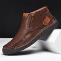 Men's brown high-top casual leather loafers with handmade stitching and a rubber sole - 39 / Deep Brown