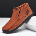 Premium hand-stitched brown leather high-top loafers for men with durable rubber soles - 39 / Tan