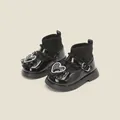 Elegant black patent leather baby princess shoes with sparkling heart crystal details - Inner Length 11.5cm / Sock Stitching Style / Black (9MBX6808)