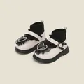 White girl's princess shoes featuring black knit sock collar and heart lace buckle detail - Inner Length 11.5cm / Sock Stitching Style / Beige (9MBX6808)
