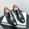 Classic black men's business casual leather monk strap shoes with metallic buckle - Black