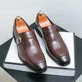 Elegant dark brown men's leather monk strap shoes with silver buckle detail - Dark Brown