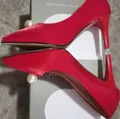 Detailed side view of elegant red satin high-heeled wedding shoes with pearl detail. - 34 / Artificial Pearl Style (A112) / Pearl Red
