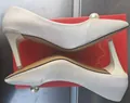 Side profile view of champagne satin bridal heels showing the elegant pearl detail - 34 / Pearl Style / White