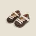 Toddler girl brown faux leather princess shoes with cream Mary Jane straps and double bows - Internal Length 11.5cm / Brown