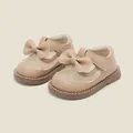 Elegant beige toddler girls princess shoes featuring a large bow and heart-patterned mesh - Inner Length 11.2cm / Heart Mesh Bow Style (19MBX3073) / Khaki