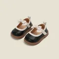 Classic toddler girl black leather Mary Jane shoes with cream bow and soft rubber sole - Inner Length 11.5cm / Black & White Contrast Bow Style (13MBX8831) / Black