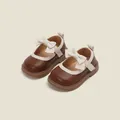 Classic brown baby girl Mary Jane shoes with cream bow and soft sole - Inner Length 11.5cm / Bow Brogue Style (13MBX8831) / Brown
