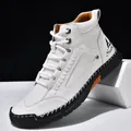 Fashionable white PU leather ankle boots for men with hand-stitched detailing and laces - 39 / White