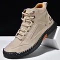 Stylish beige men's PU leather ankle boots with hand-stitched details and lace-up design - 39 / Beige
