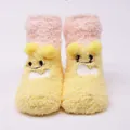 Cute yellow plush baby floor socks with cartoon face and soft pom-poms for winter warmth - Eye-Yellow