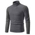 Stylish slim fit men's dark grey turtleneck knit sweater featuring unique textured patterns - M / Tops / Dark Gray