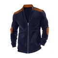 Close-up of ribbed texture and elbow patch detail on men's navy blue zipper jacket - Navy Blue