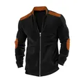 Full front view of men's ribbed black jacket with contrast orange shoulder and elbow patches - Black