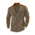 Men's brown heavy cotton velvet casual zip-up jacket with orange shoulder and elbow patchwork - Coffee