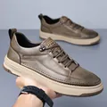 Ανδρικά δερμάτινα casual sneakers vintage σε καφέ χρώμα με χοντρή σόλα από καουτσούκ - Γκρι / 38