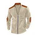 Men's casual beige zip-up jacket with contrast shoulder and elbow patches - Apricot