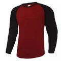 Men's slim fit raglan long sleeve t-shirt featuring red ribbed body and black sleeves - S / Tops / Red/Black Sleeve