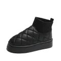 Women's black quilted platform snow boot featuring a warm ribbed knit ankle collar - 36 / Black