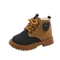 Winter warm plush-lined children's Martin boots in brown and black color block style - Gray