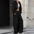 Survêtement noir à la mode avec sweat à capuche zippé et pantalon large à taille haute - Noir