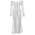 Elegante abito lungo in pizzo bianco con spalle scoperte e maniche lunghe traforate. - Taglia L / Bianco