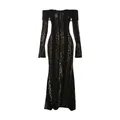 Elegante abito lungo in pizzo nero con scollo a barca e maniche lunghe variante SKU - XS / Nero