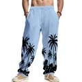 Casual men's linen pants with black Hawaiian palm tree print on light blue fabric - S / Bottoms / Light Blue