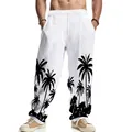 Detail showing the palm tree silhouette print on men's white linen casual trousers - S / Bottoms / White