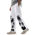 Close-up detail of men's white linen trousers featuring a black Hawaii palm tree print - S / Bottoms / White