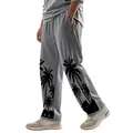 Casual men's linen straight-leg trousers with Hawaiian palm tree prints in grey - Dark Gray